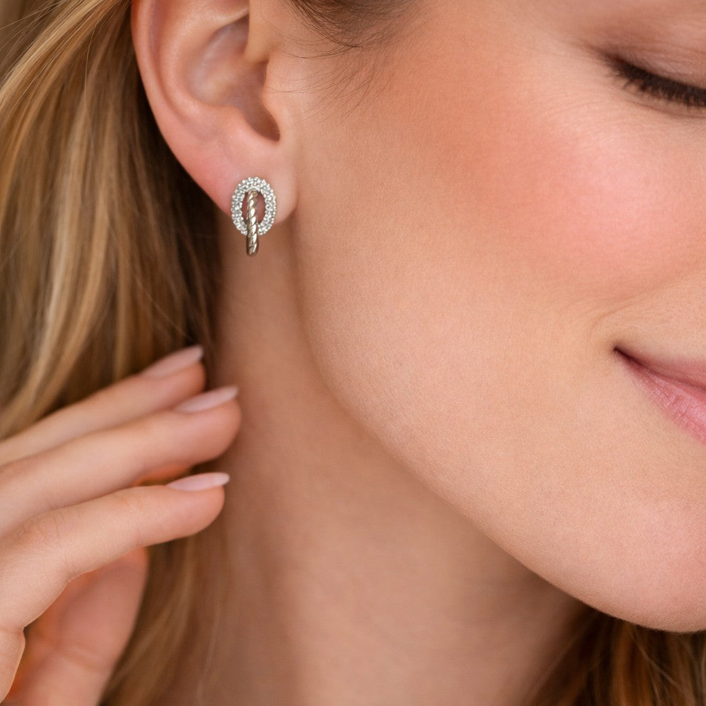 Pavé Oval & Rope Link Diamond Stud Earrings-Bijoux Village Fine Jewellers