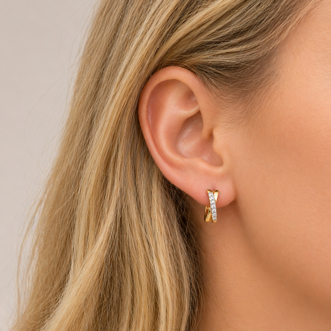 10K Yellow Gold Crisscross Diamond Hoop Earrings-Bijoux Village Fine Jewellers