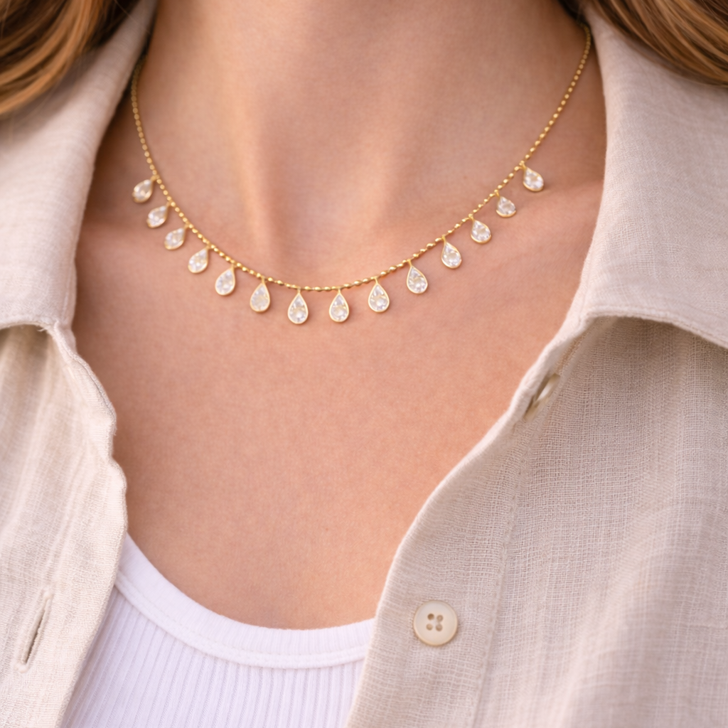 Golden Teardrop Diamond Fringe Necklace