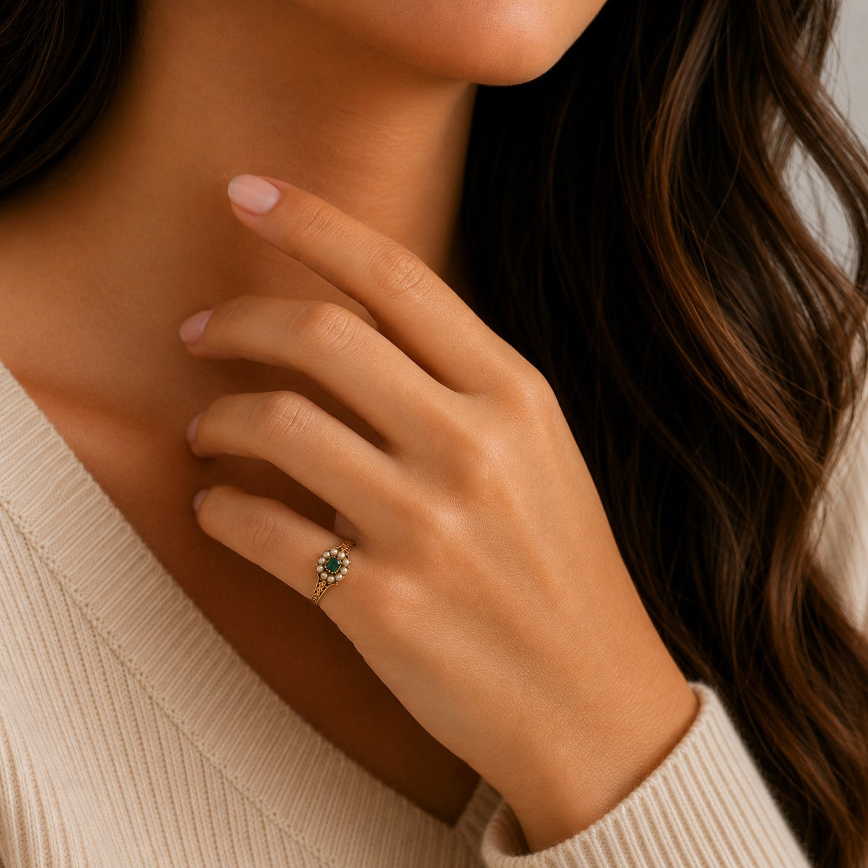 10K Yellow Gold Antique Emerald & Pearl Ring-Bijoux Village Fine Jewellers