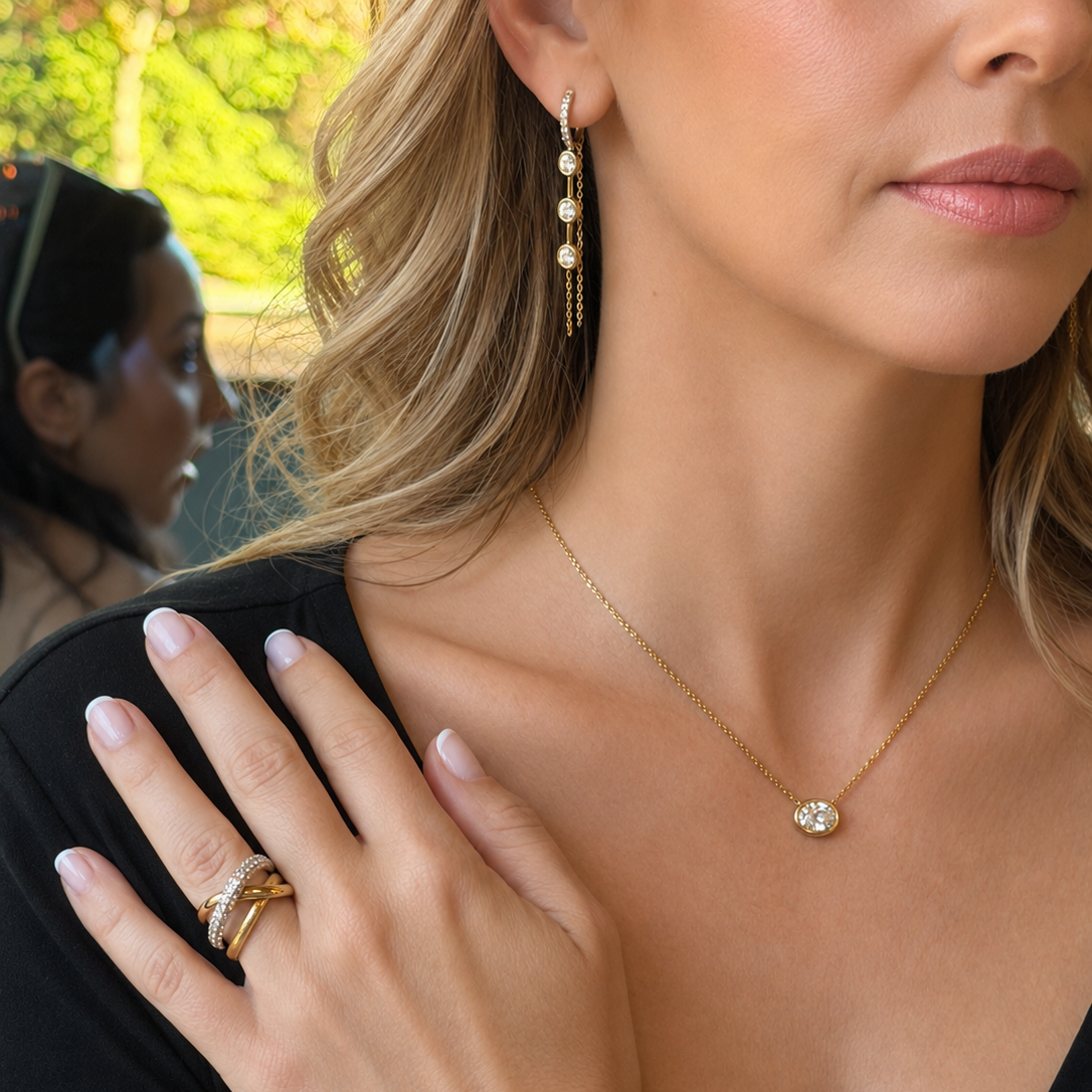 Oval Diamond Bezel Drop Chain Earrings-Bijoux Village Fine Jewellers