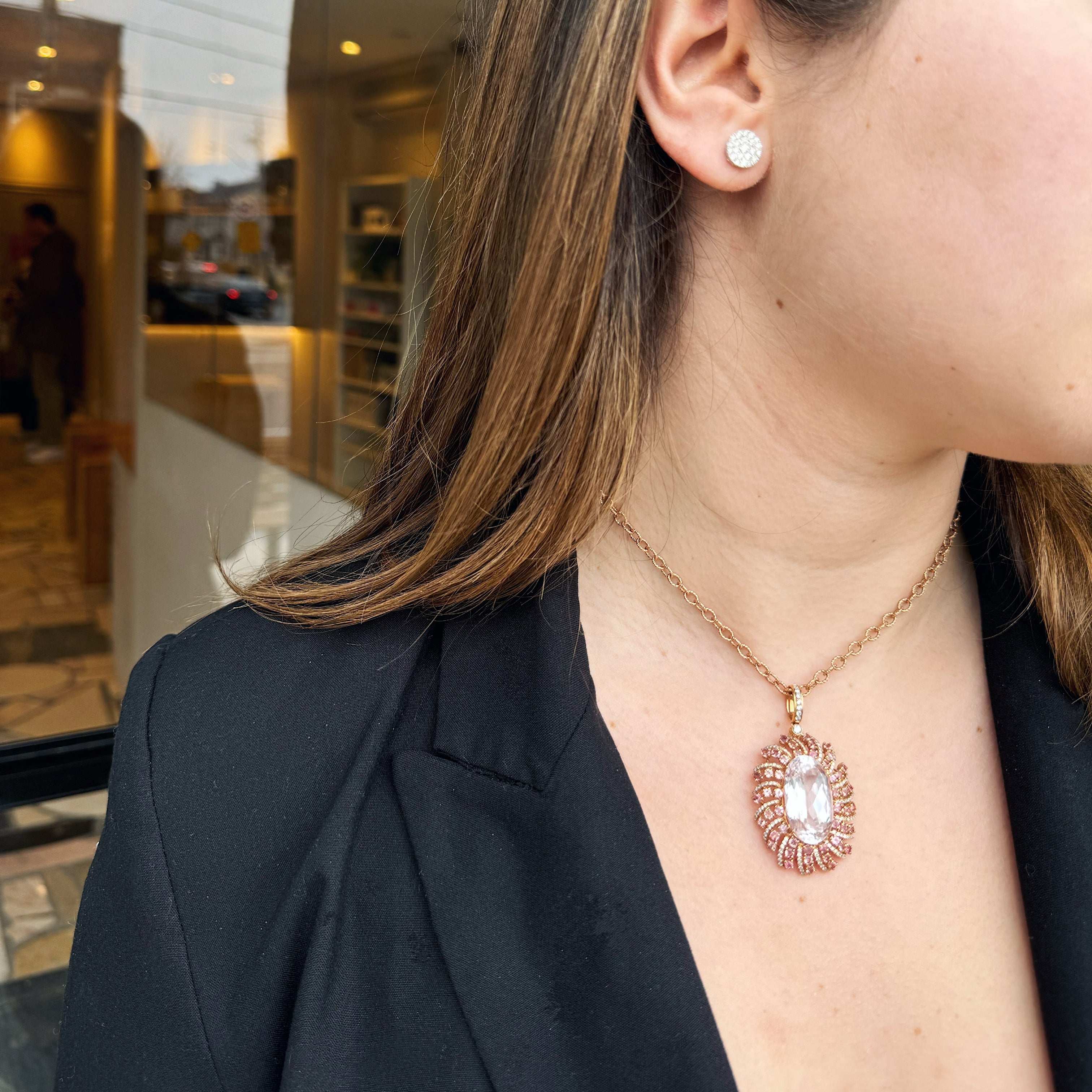 Morganite and Pink Sapphire Halo Pendant-Bijoux Village Fine Jewellers