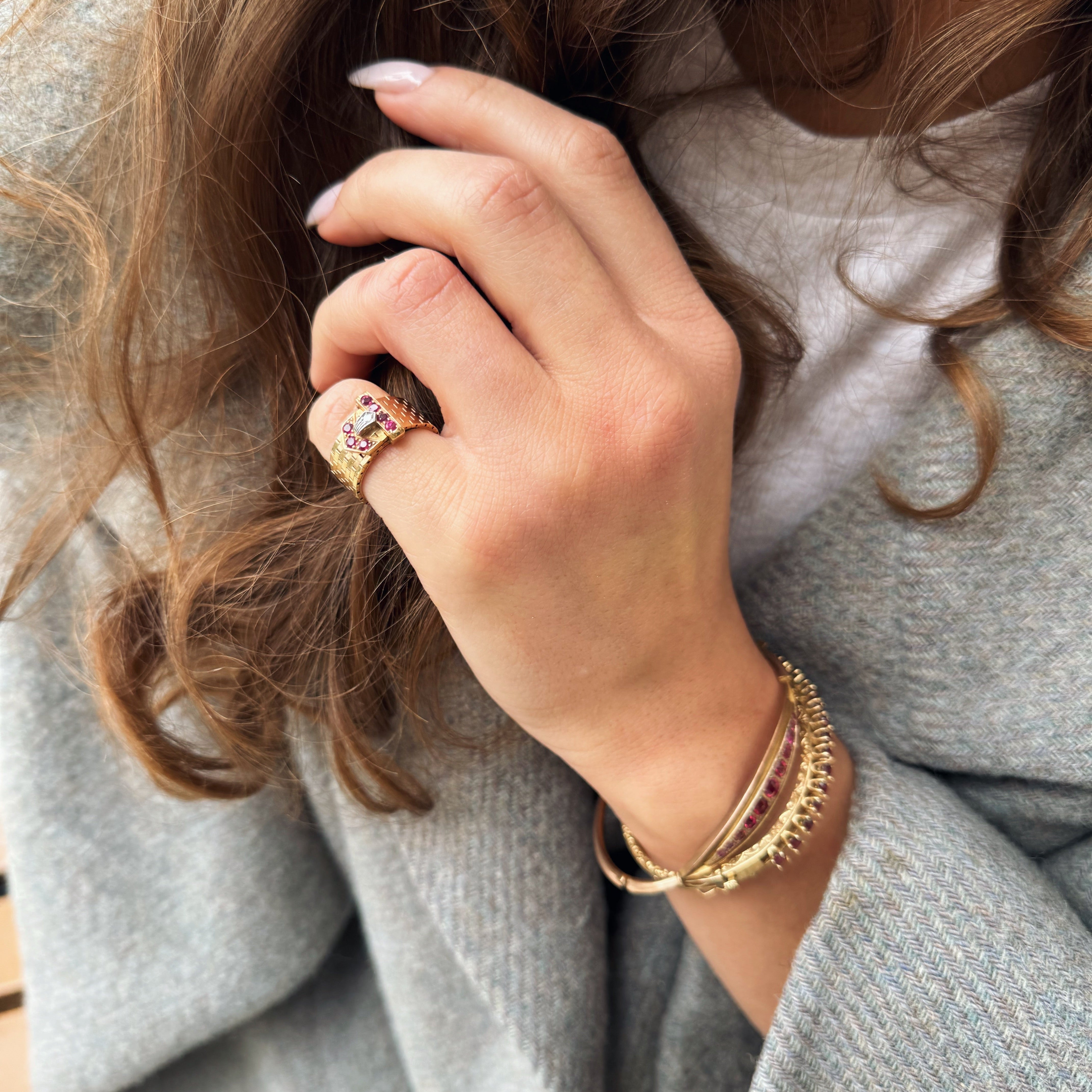 Gold Vintage Bangle with Claw-Set Garnets-14 Karat-Bijoux Village Fine Jewellers