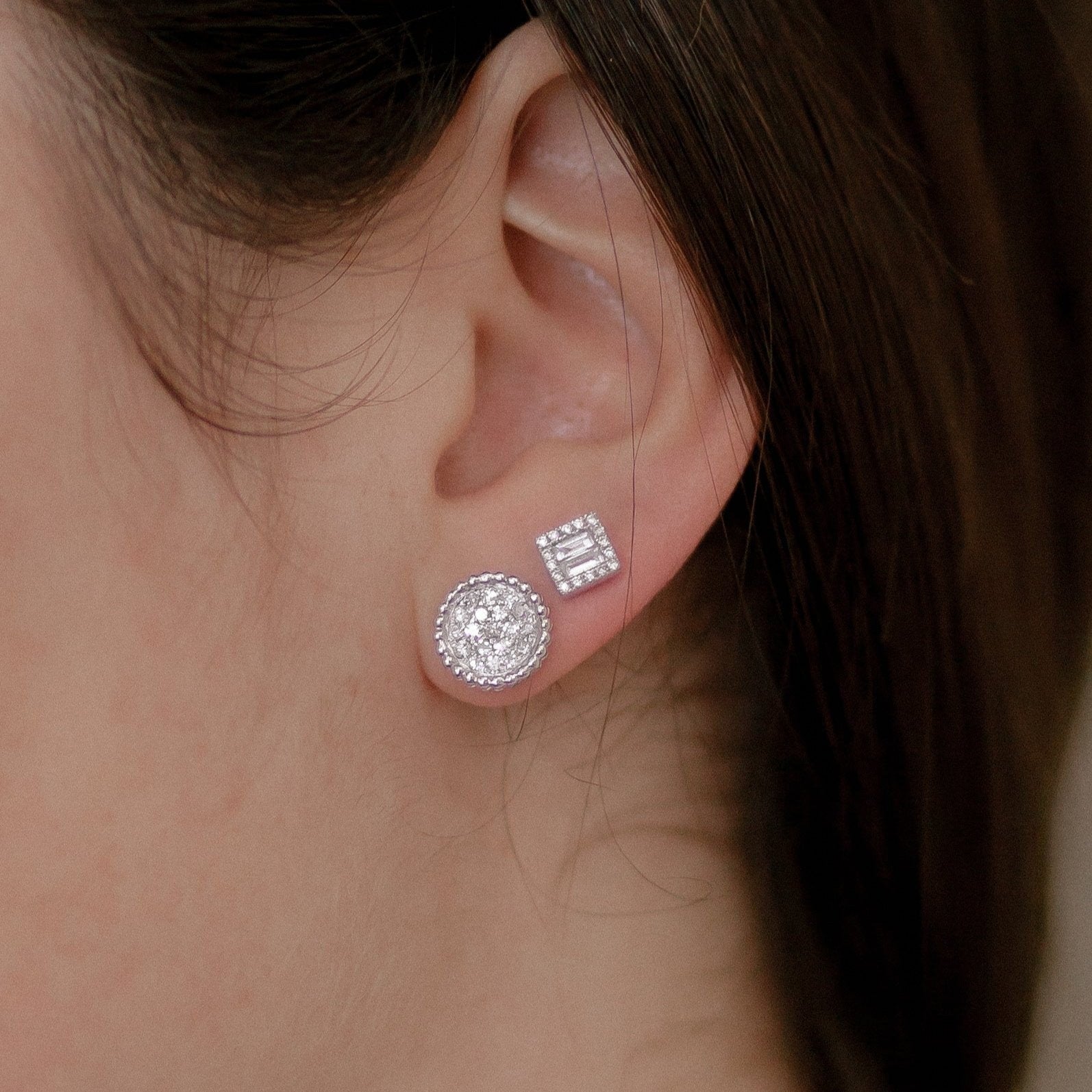 Baguette & Round Diamond Halo Stud Earrings-White Gold-Bijoux Village Fine Jewellers