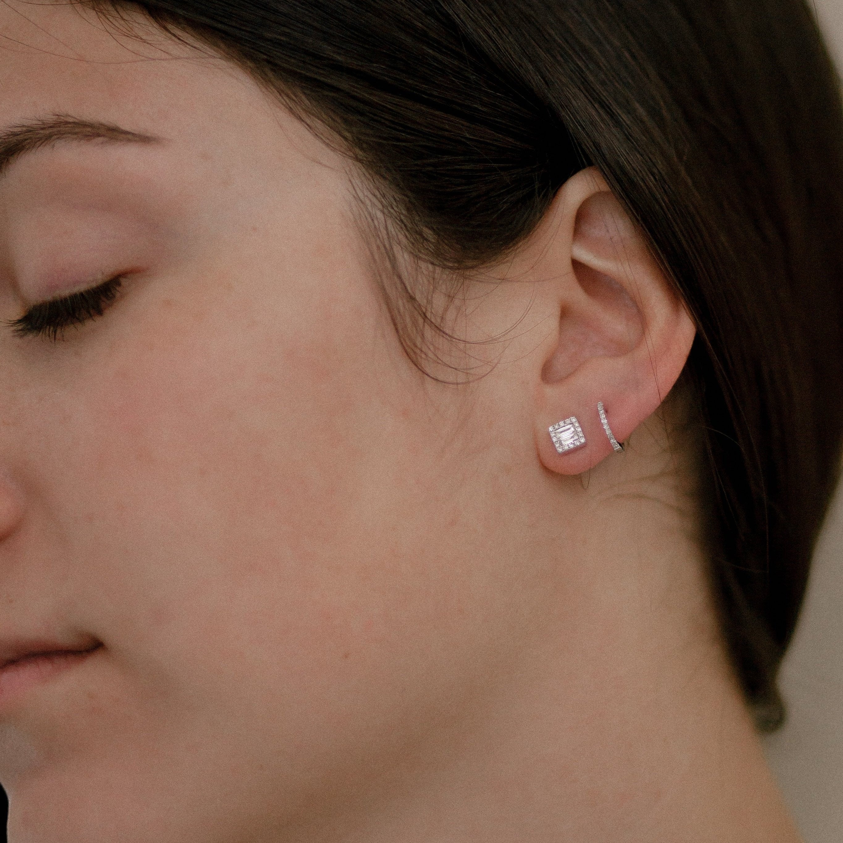 Baguette & Round Diamond Halo Stud Earrings-White Gold-Bijoux Village Fine Jewellers
