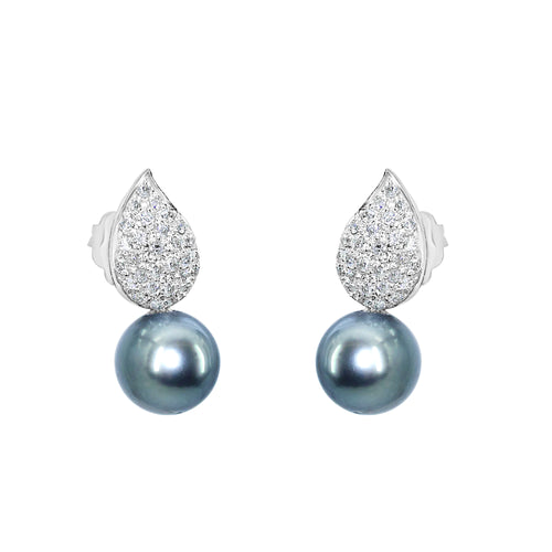 14 Karat White Gold Earrings with Diamond Tear Drop Studs and Black Tahitian Pearls-Earrings-Bijoux Village Fine Jewellers