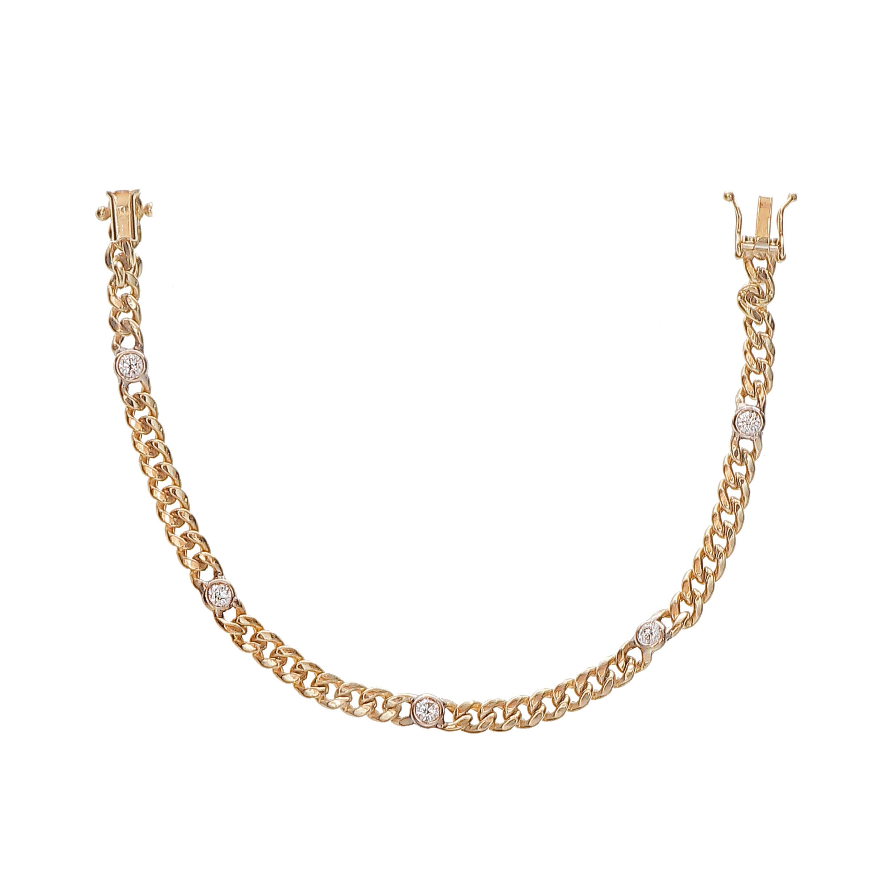 Yellow Gold Diamond Curb Link Bracelet with White Gold Bezels-Bijoux Village Fine Jewellers