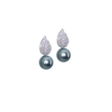 Load image into Gallery viewer, 14 Karat White Gold Earrings with Diamond Tear Drop Studs and Black Tahitian Pearls-Earrings-Bijoux Village Fine Jewellers
