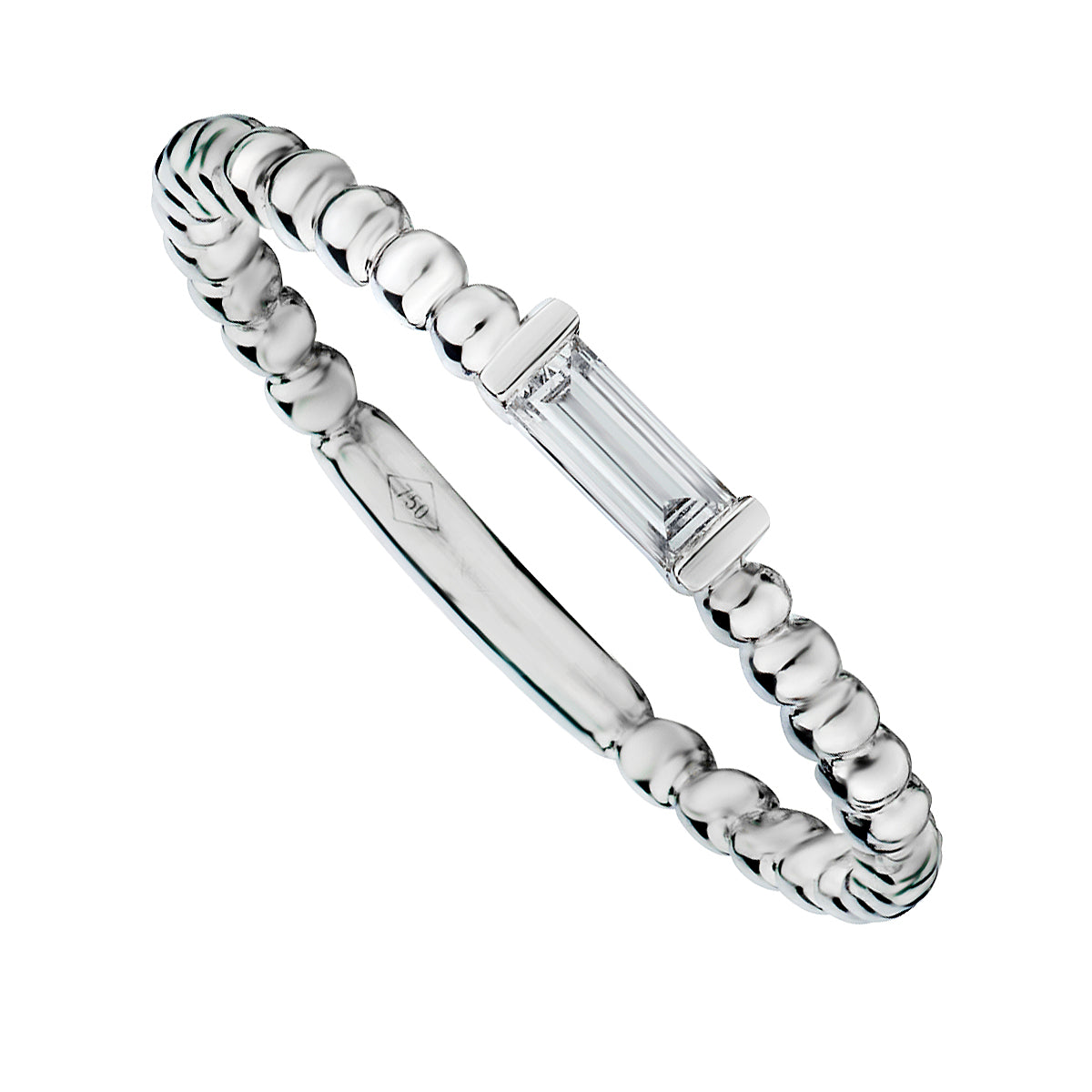 White Gold Beaded Band with Baguette Diamond-White Gold-Bijoux Village Fine Jewellers