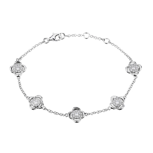 White Gold Floral Diamond Station Bracelet-White Gold-Bijoux Village Fine Jewellers