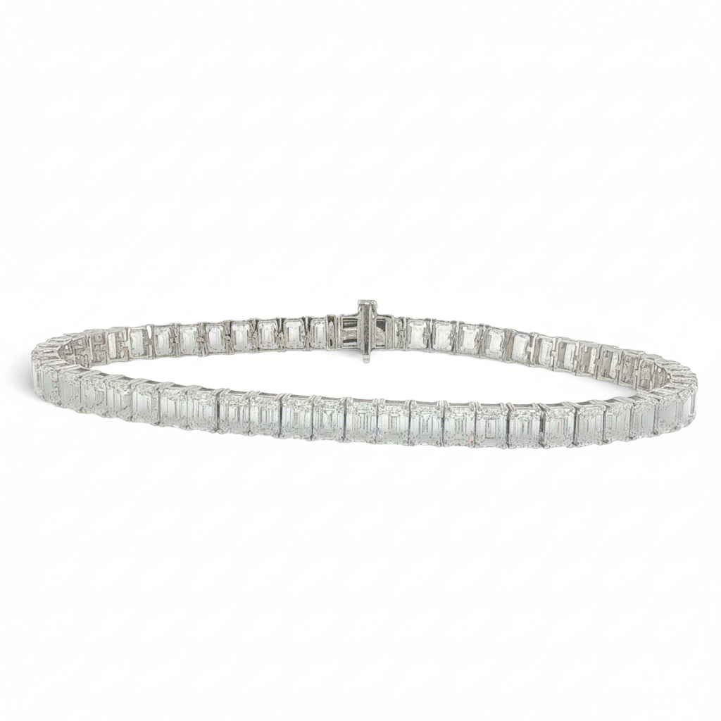 Bijoux Village Fine Jewellers 14K white gold tennis bracelet with 55 emerald-cut lab-grown diamonds in claw settings.