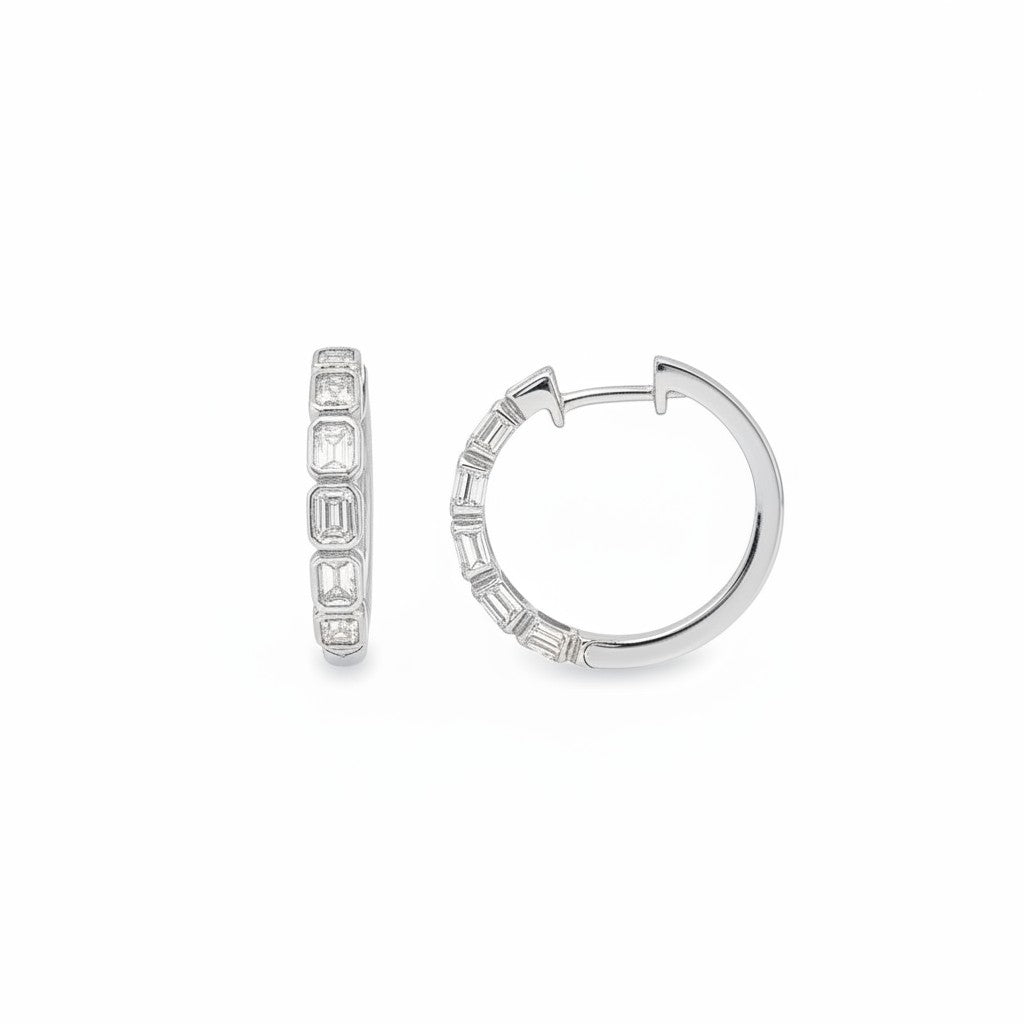 Emerald-Cut Diamond Huggie Earrings in 18K White Gold-Bijoux Village Fine Jewellers