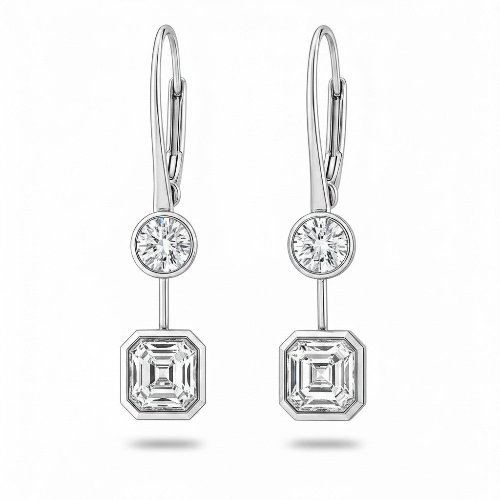 Round & Asscher Cut Diamond Drop Earrings-Bijoux Village Fine Jewellers