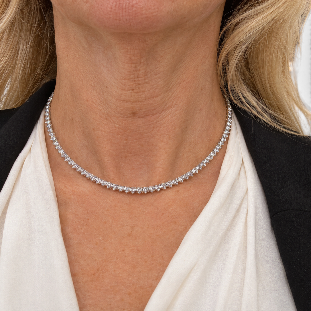Classic Diamond Tennis Necklace – 14K White Gold, 8.42 CT-Bijoux Village Fine Jewellers