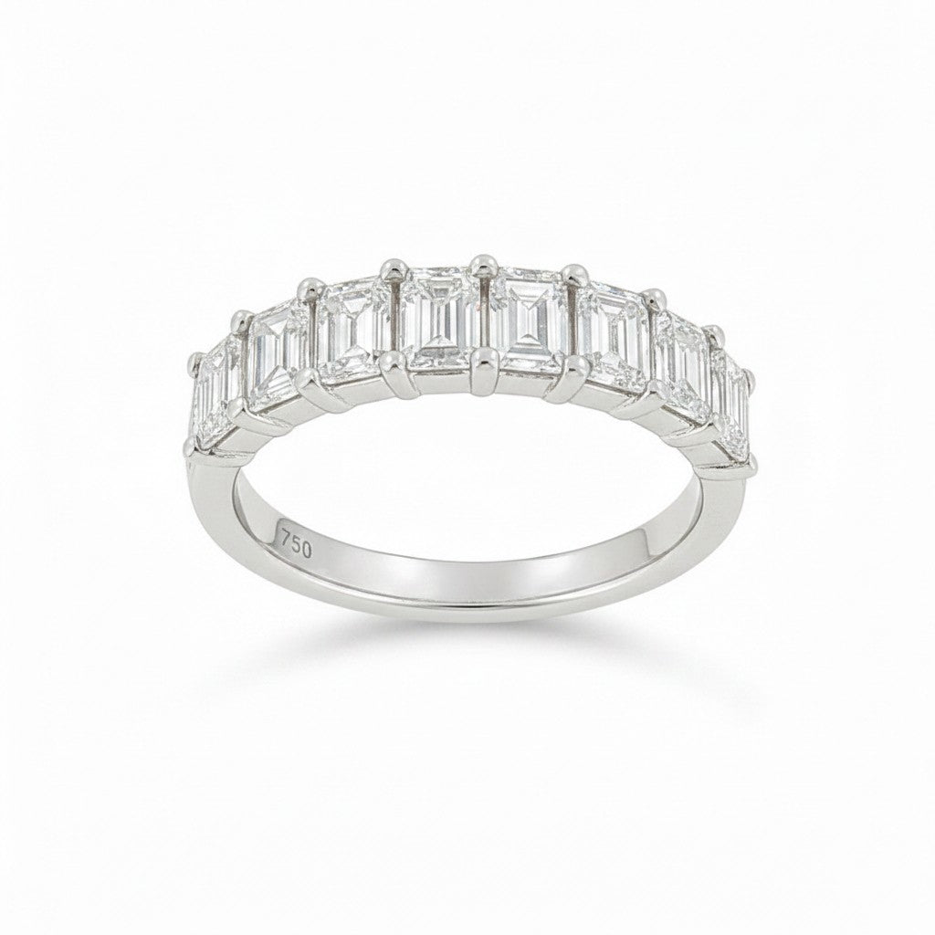 Bijoux Village Fine Jewellers 1.60ct emerald cut diamond half eternity band in 18k white gold with shared-prong setting.