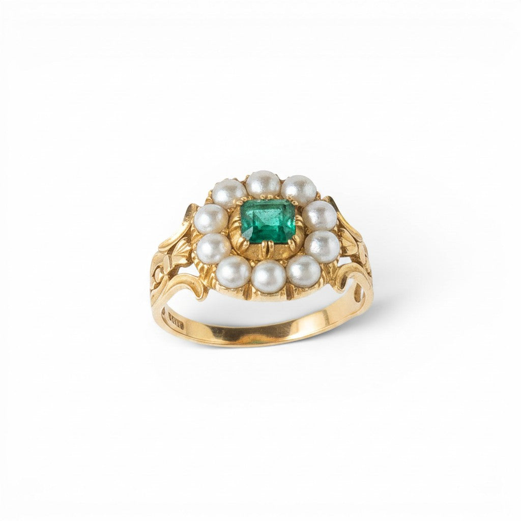 10K Yellow Gold Antique Emerald & Pearl Ring-Bijoux Village Fine Jewellers