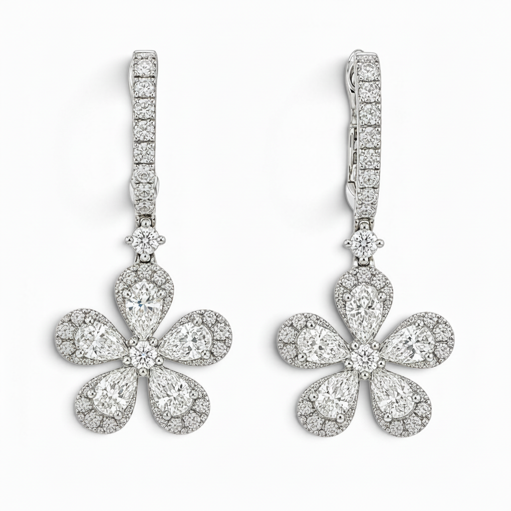 Bijoux Village Fine Jewellers 18K white gold floral drop earrings with pear and round brilliant-cut natural diamonds.