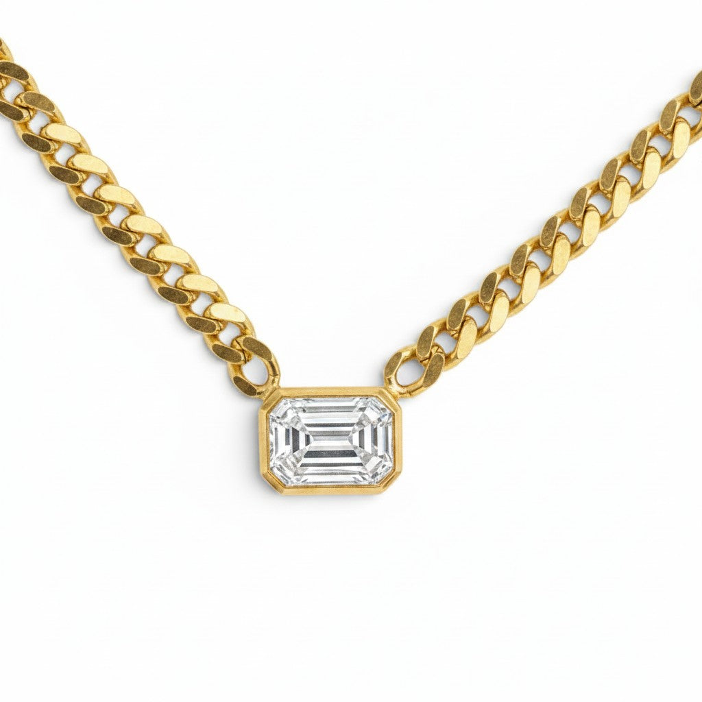 Emerald-Cut Lab-Grown Diamond Cuban Link Necklace in 10K Yellow Gold-Bijoux Village Fine Jewellers