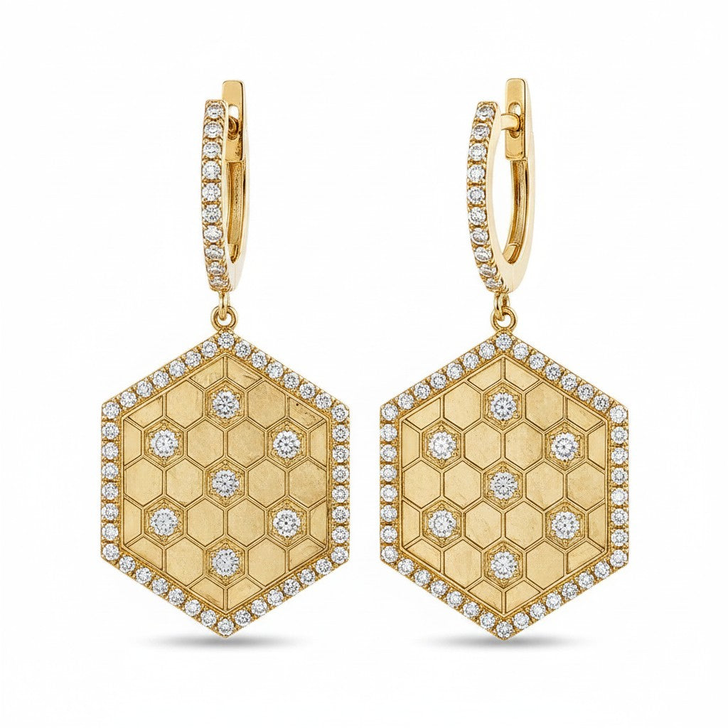 Bijoux Village Fine Jewellers 14k yellow gold honeycomb drop earrings with round brilliant-cut diamond halos