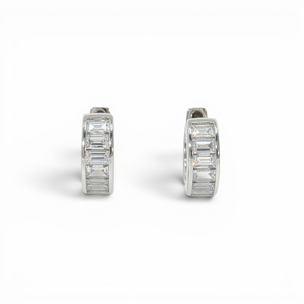 Baguette Diamond Huggie Earrings in White Gold-Bijoux Village Fine Jewellers