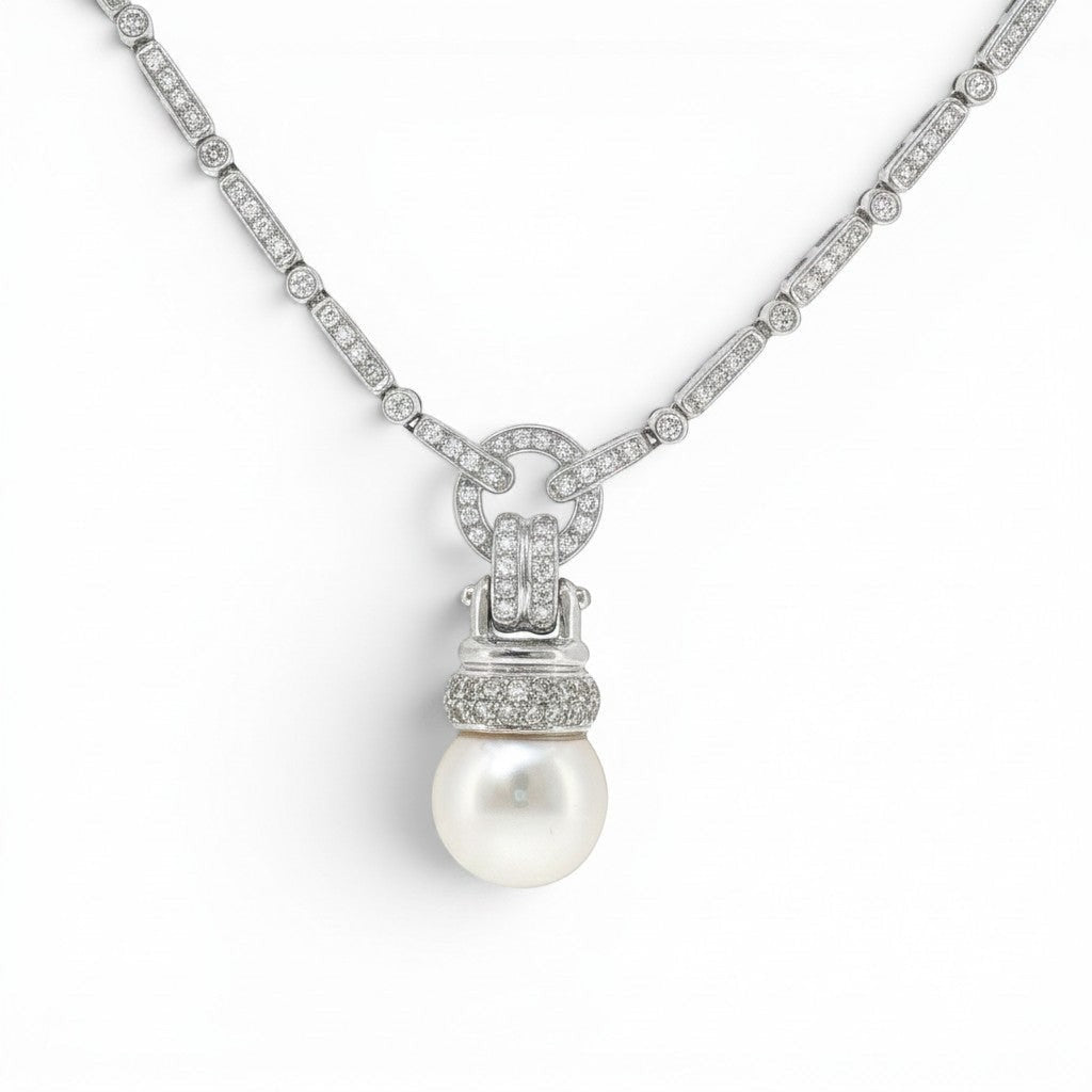 White Gold Pearl & Natural Diamond Pendant Necklace-Bijoux Village Fine Jewellers