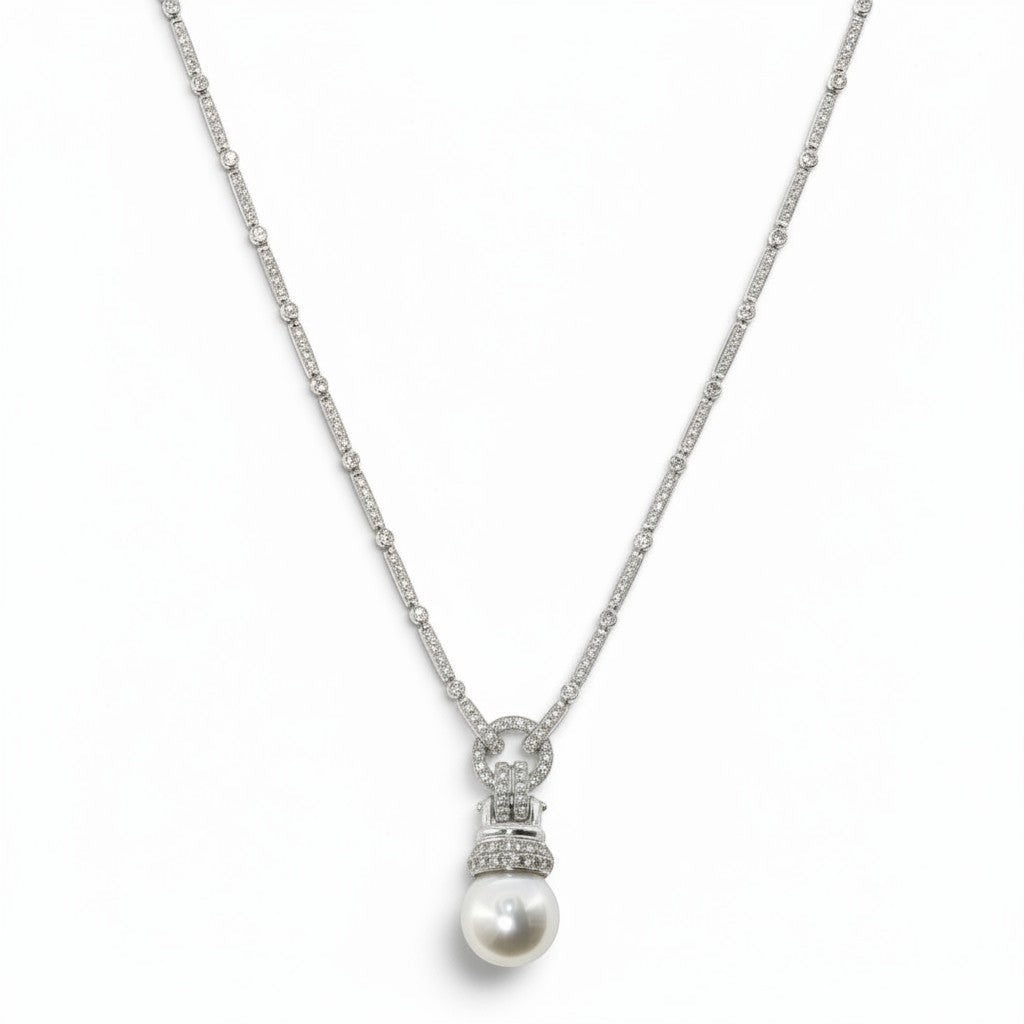 White Gold Pearl & Natural Diamond Pendant Necklace-Bijoux Village Fine Jewellers