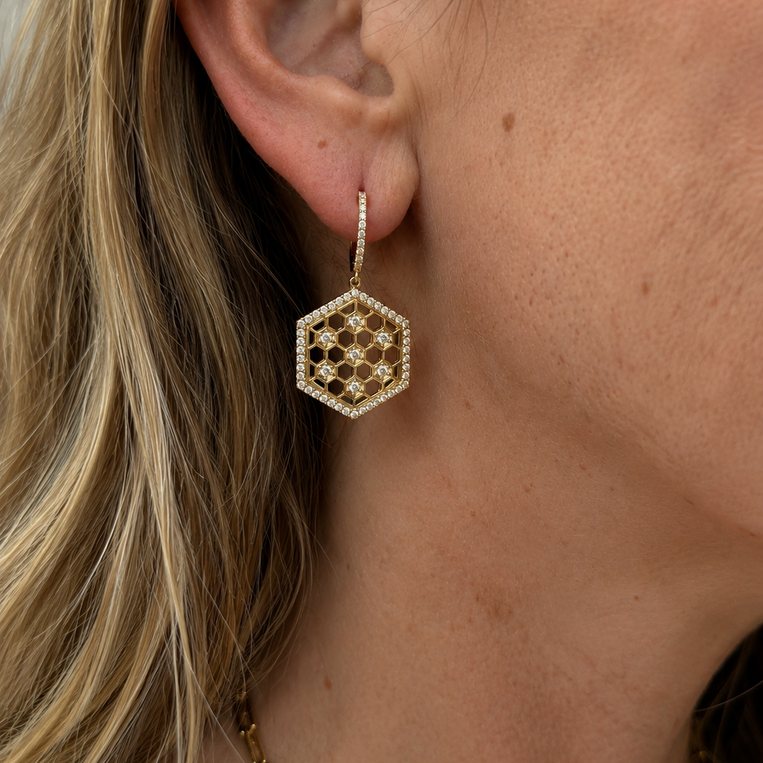Honeycomb Diamond Drop Earrings-Bijoux Village Fine Jewellers