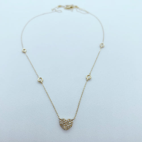 14 Karat Yellow Gold Necklace with Pave Set Heart & Bezel Set Stations-necklace-Bijoux Village Fine Jewellers