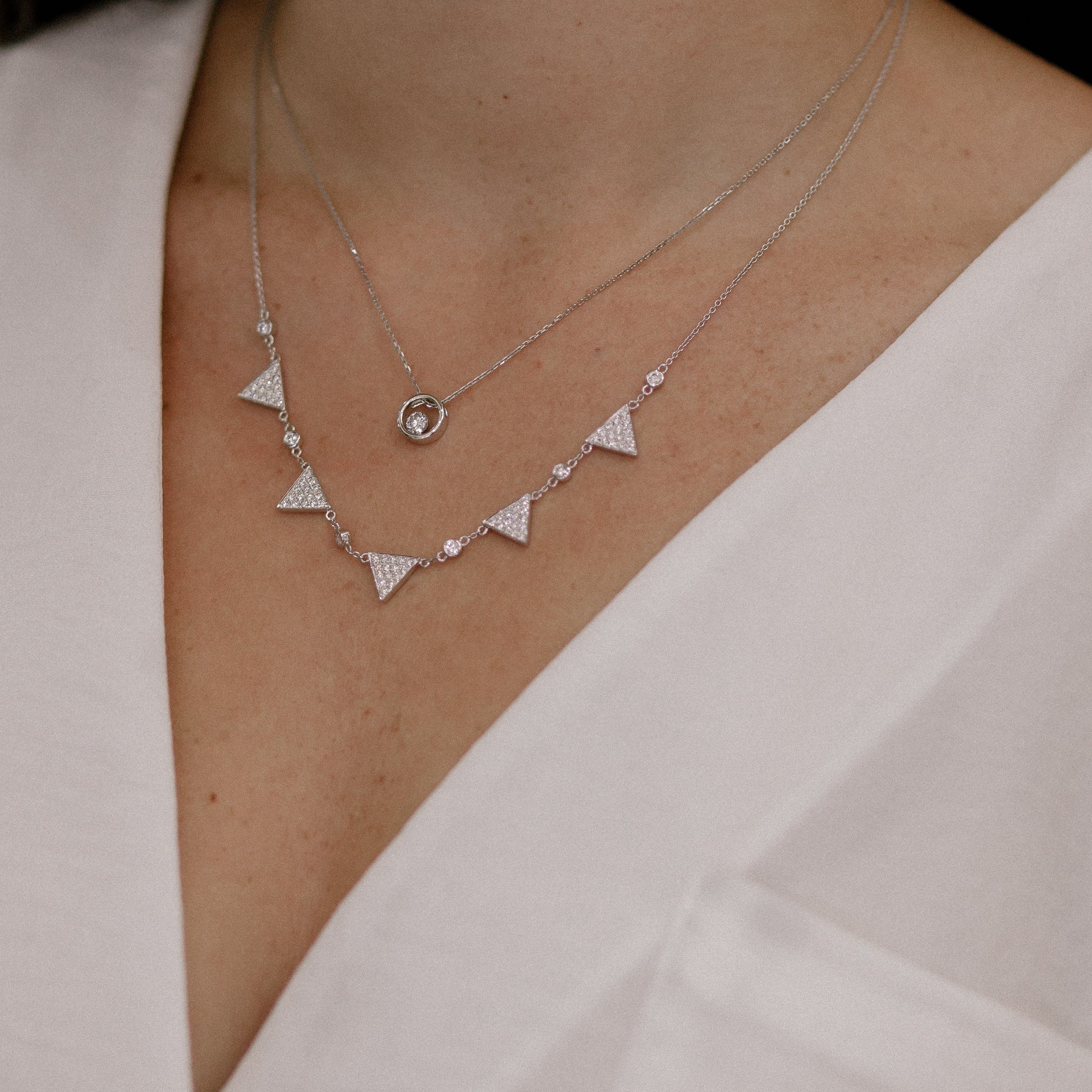 White Gold Pave Triangle & Bezel Set Diamond Necklace-White Gold-Bijoux Village Fine Jewellers