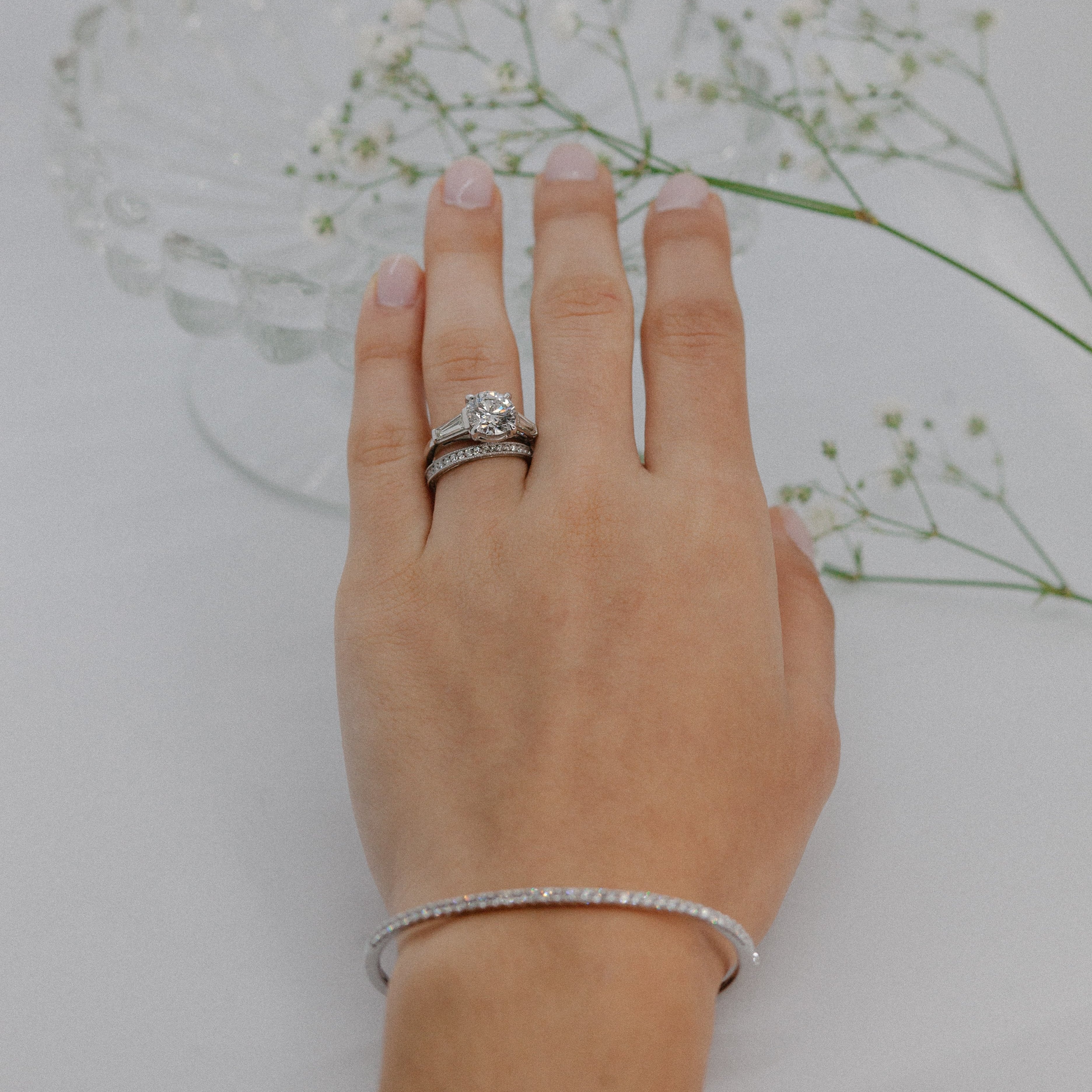 Platinum Round & Tapered Baguette Diamond Ring-Platinum-Bijoux Village Fine Jewellers